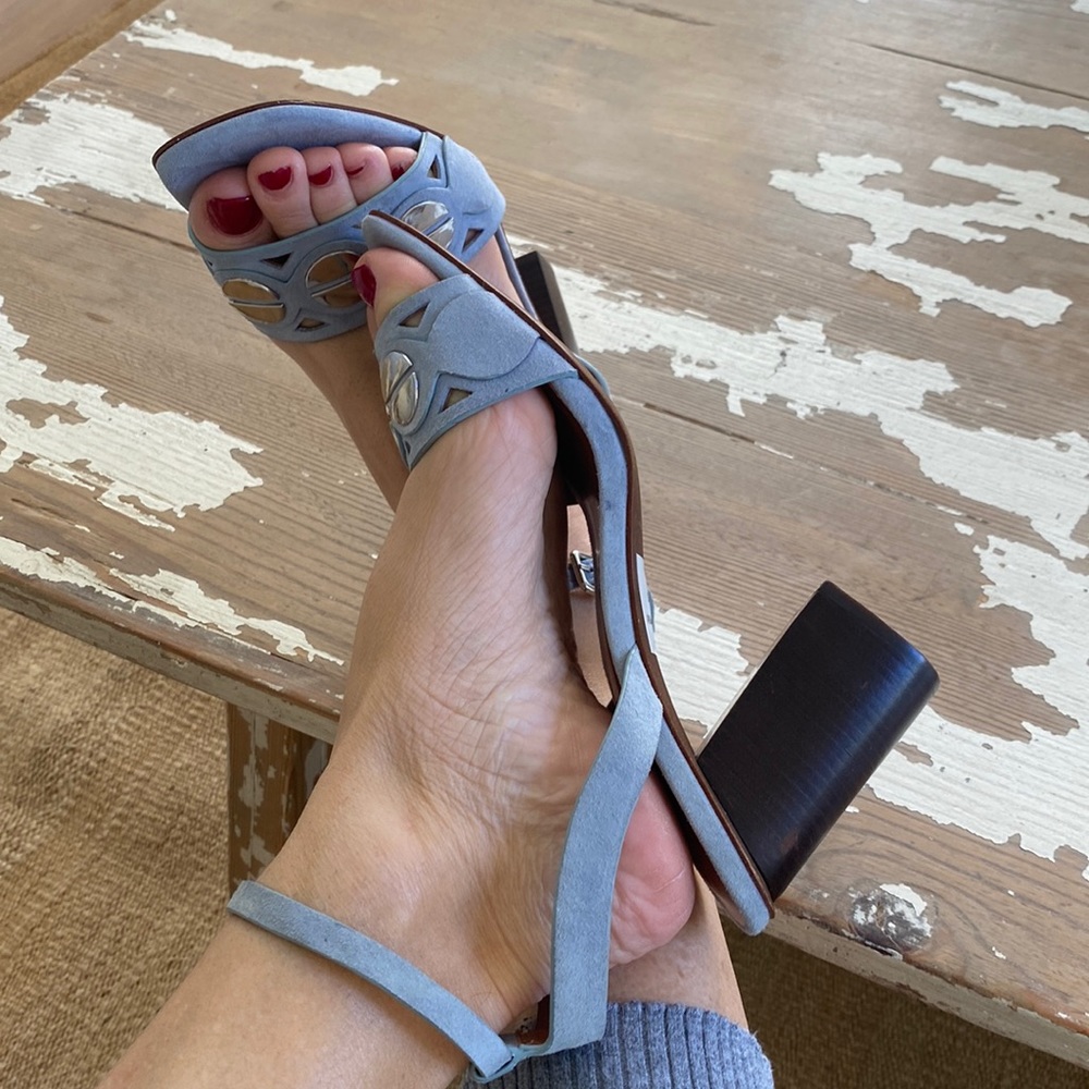 Anthropologie Brand New Lola Cruz Block Heel Blue Suede Comfortable Sandal ♥️🌈 - Picture 6 of 13